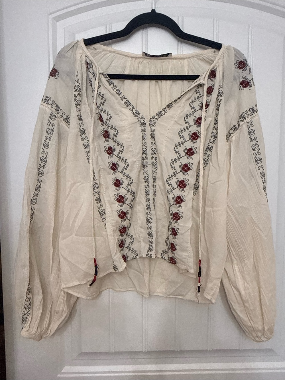 Zara Cream Peasant Tunic with Red & Black Embroidery